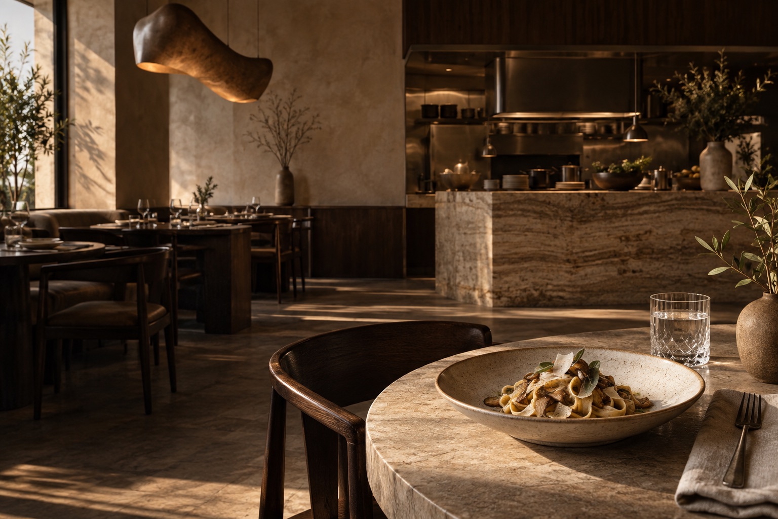Warmes Restaurantinterieur mit frisch angerichtetem Pastagericht